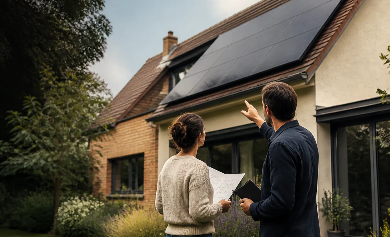 Un architecte et une propriétaire vérifient des panneaux solaires sur une maison du nord en brique et enduit clair