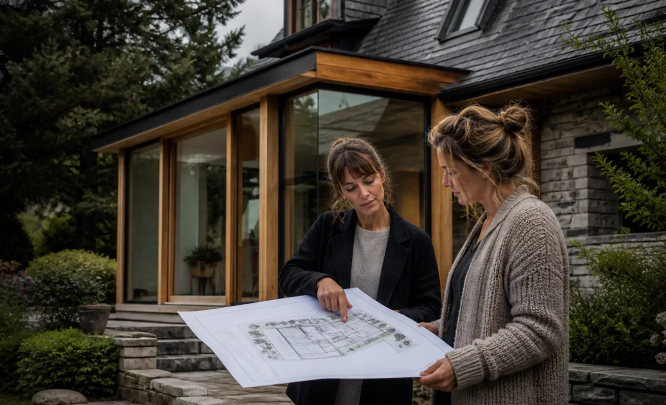 Une architecte et une propriétaire examinent une extension de maison des Alpes ou du Jura en pierre et bois
