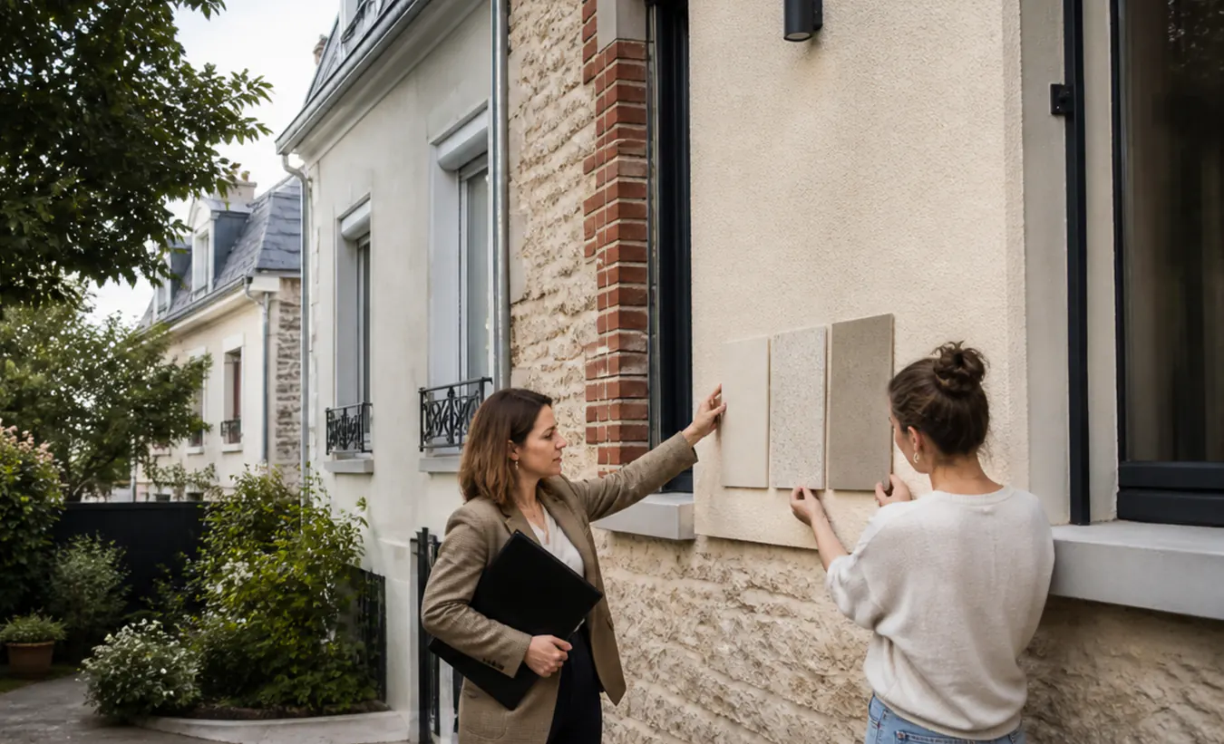 Une architecte et une propriétaire comparent des matériaux de façade devant une maison d'Île-de-France avec un jardin compact