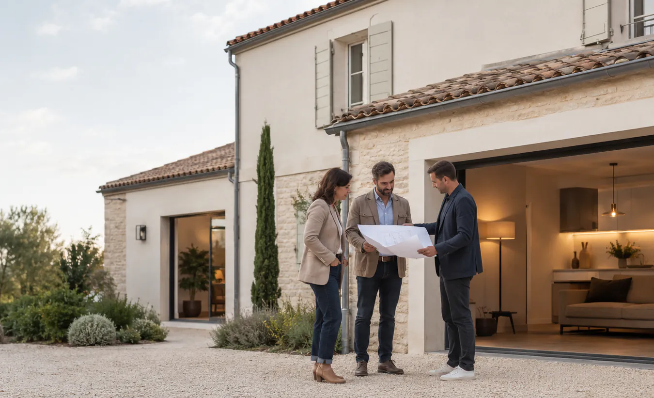 Un couple et une architecte devant un garage transformé en pièce à vivre ouverte sur le jardin