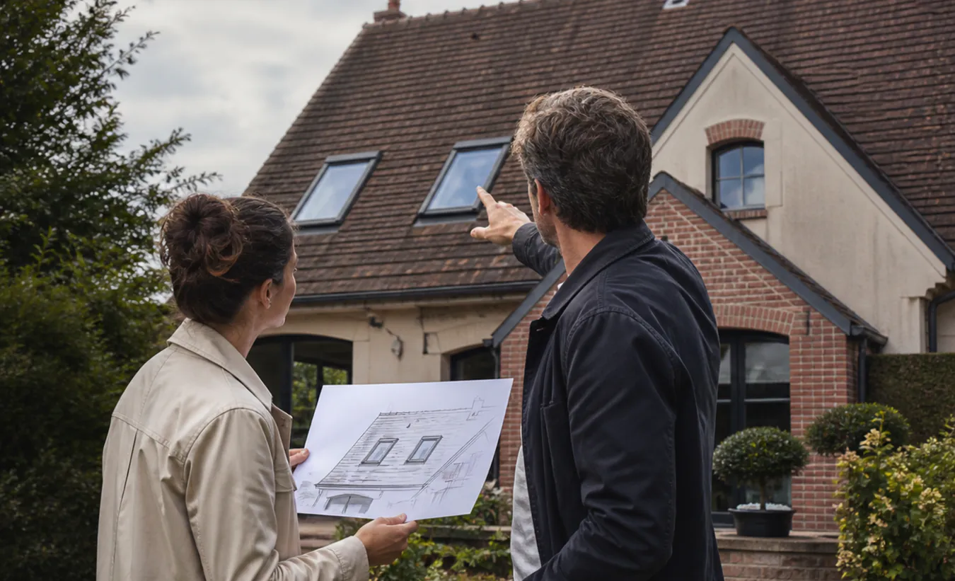 Un architecte et un propriétaire étudient deux fenêtres de toit sur une maison du nord de la France au toit pentu