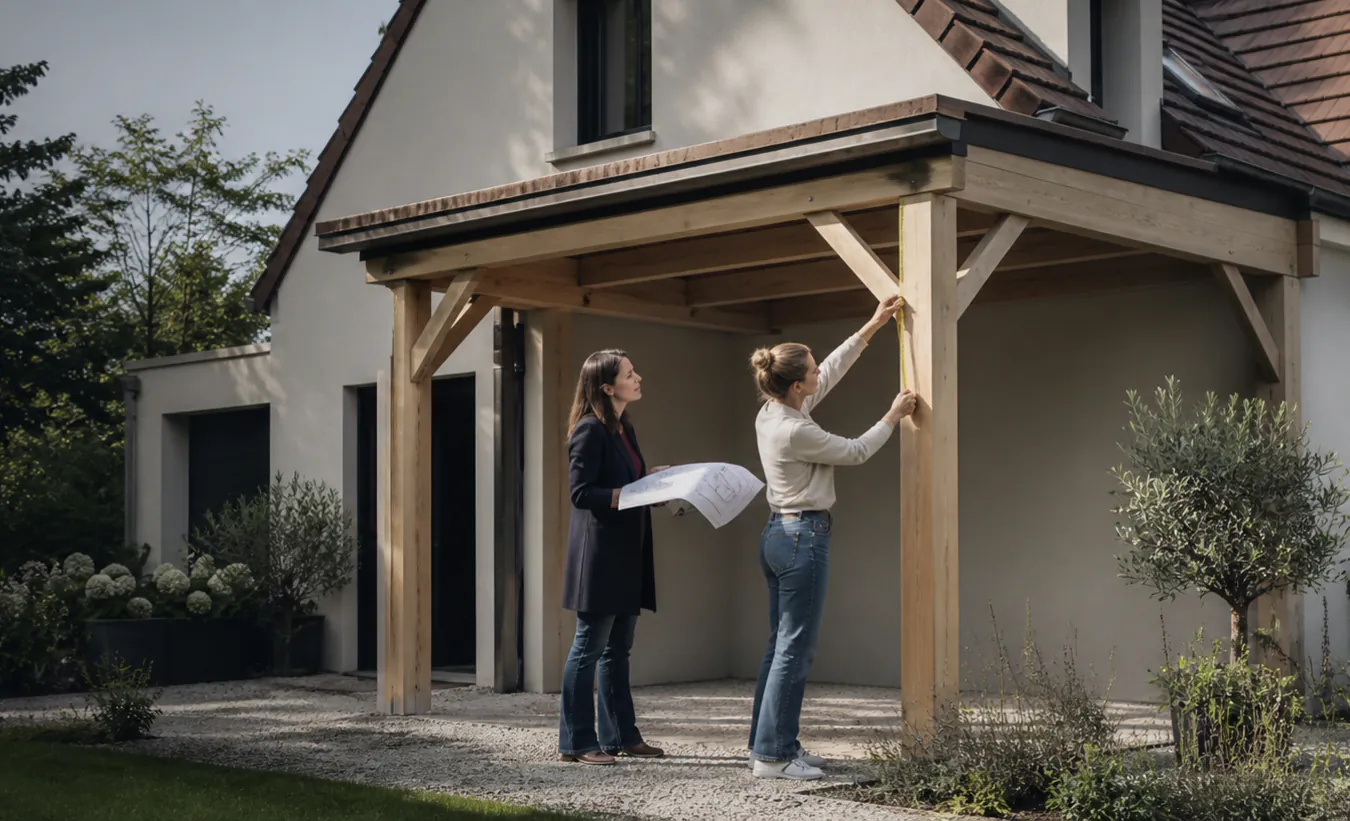 Une architecte et un propriétaire mesurent un carport en bois près d'une maison privée aux matériaux régionaux sobres