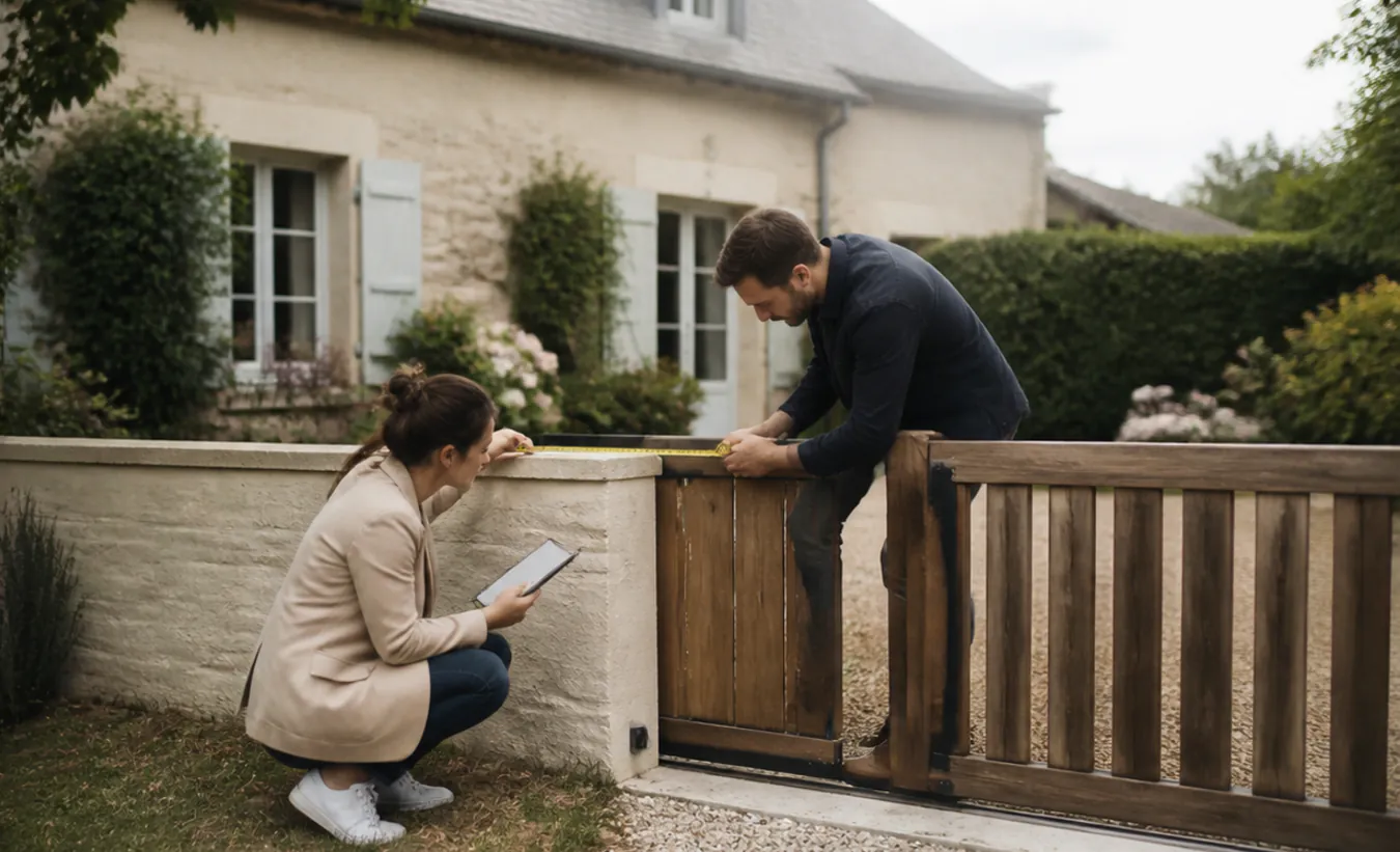 Un architecte et une propriétaire mesurent un projet de clôture devant une maison de l'intérieur de la France en pierre et enduit clair