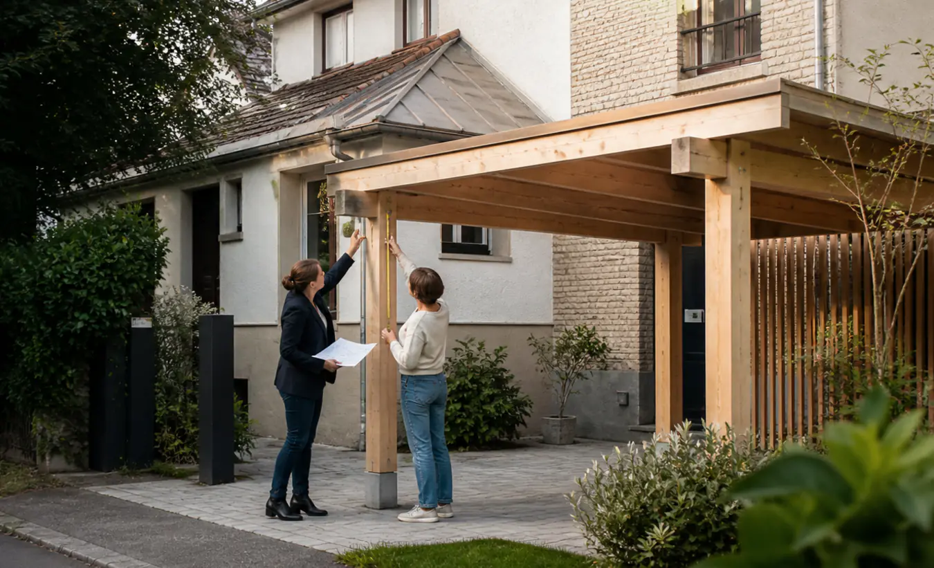 Une architecte et un propriétaire mesurent un carport en bois près d'une maison d'Île-de-France avec un jardin compact