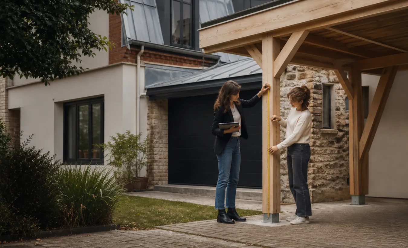 Une architecte et un propriétaire mesurent un carport en bois près d'une maison francilienne en brique et enduit clair