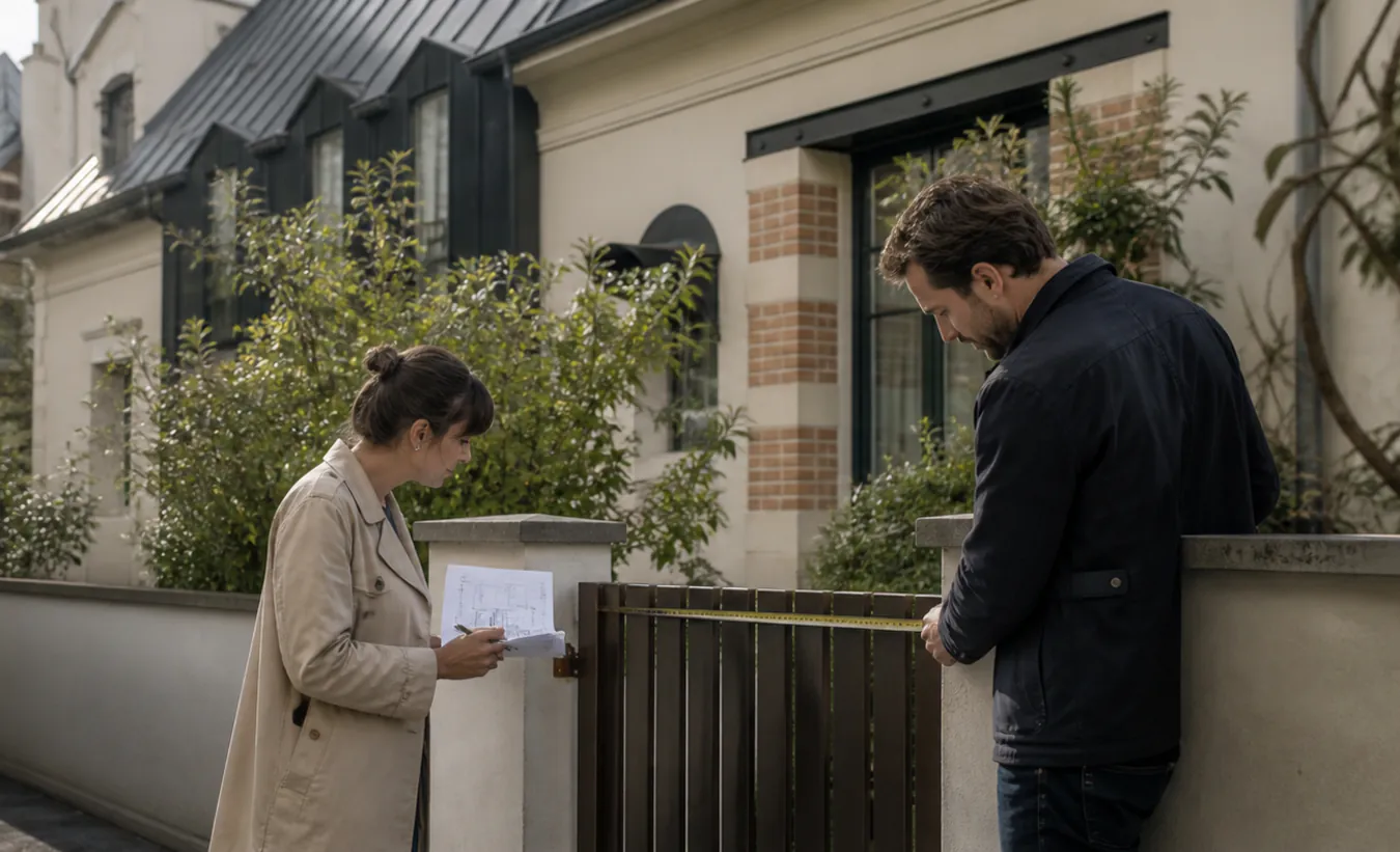 Un architecte et une propriétaire mesurent un projet de clôture devant une maison francilienne en brique et enduit clair