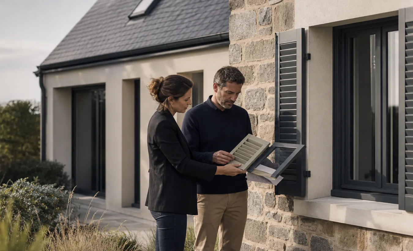 Un architecte et un propriétaire comparent des menuiseries devant une maison atlantique au toit d'ardoise