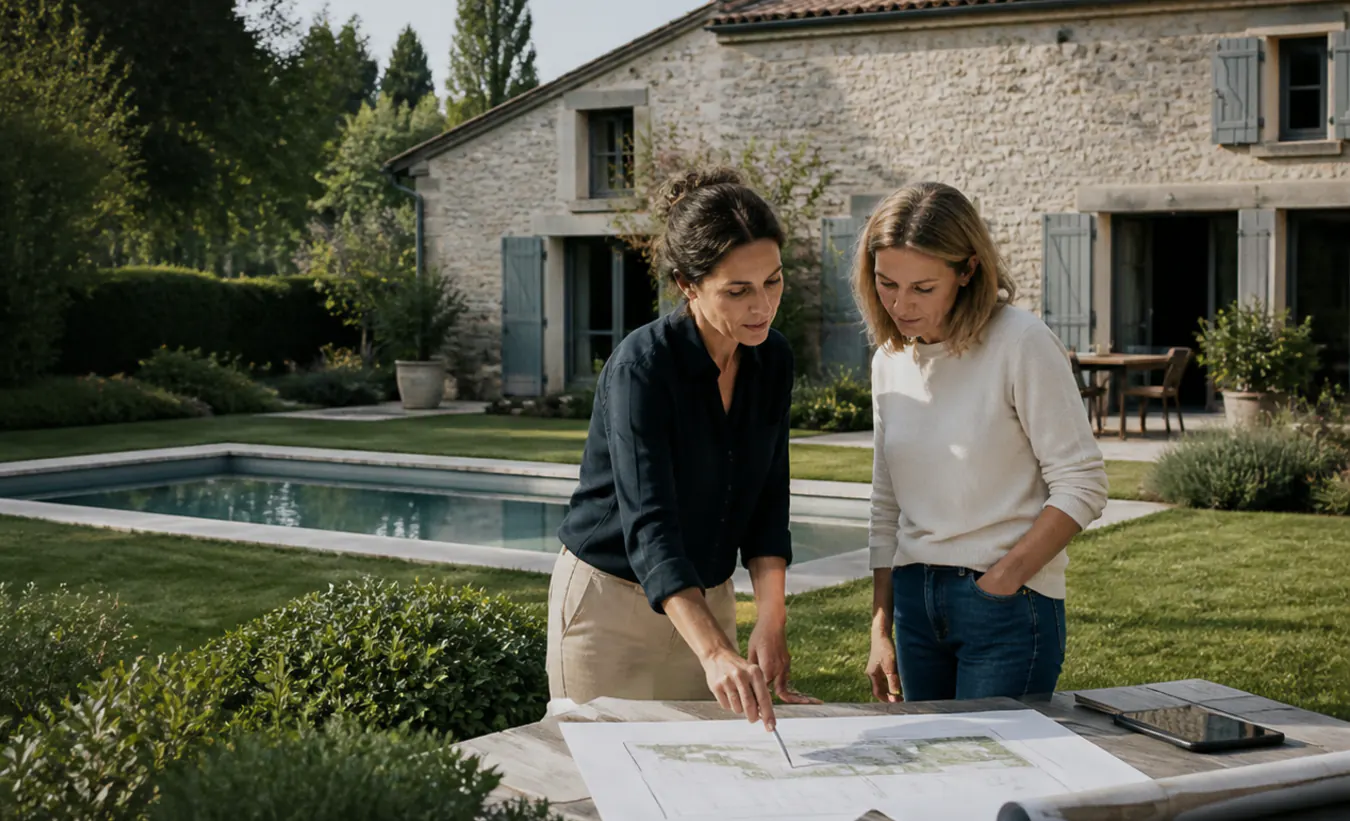 Une architecte et une propriétaire étudient une piscine dans le jardin d'une maison française au jardin arboré