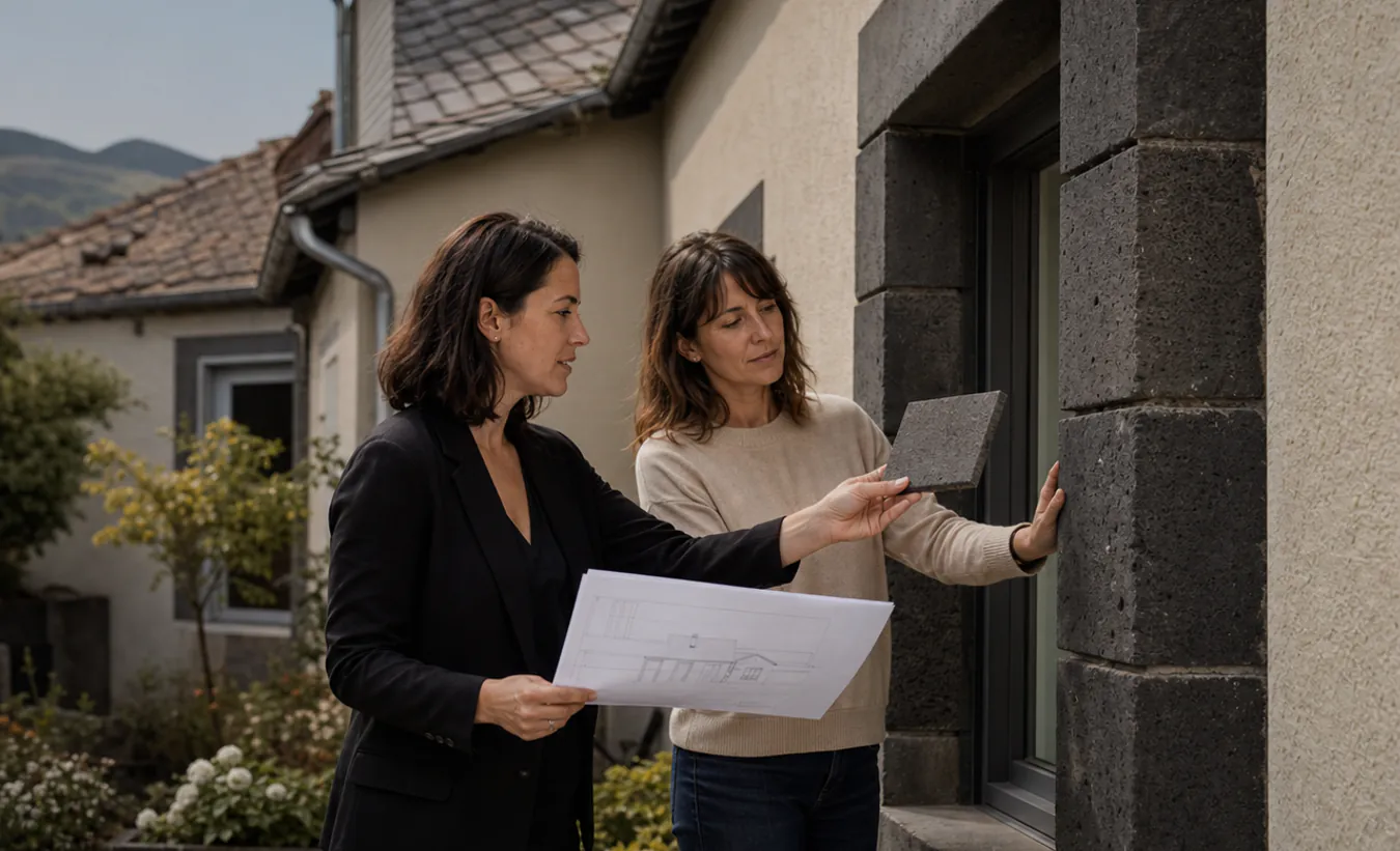 Une architecte observe l'encadrement en pierre sombre d'une maison à toiture pentue
