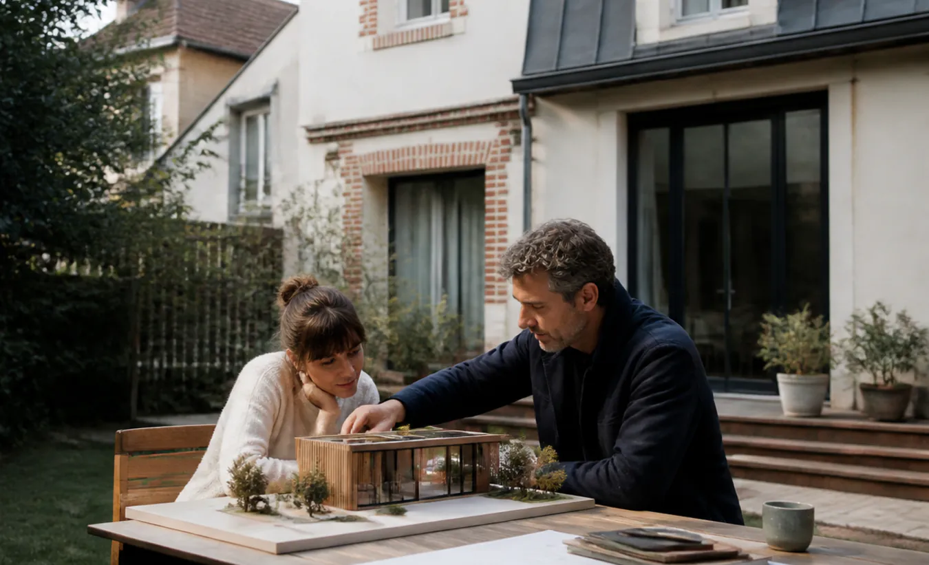Une architecte et une propriétaire positionnent un abri de jardin près d'une maison d'Île-de-France avec un jardin compact