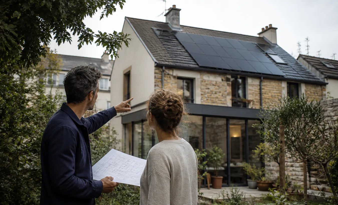 Un architecte et une propriétaire vérifient des panneaux solaires sur une maison francilienne en brique et enduit clair