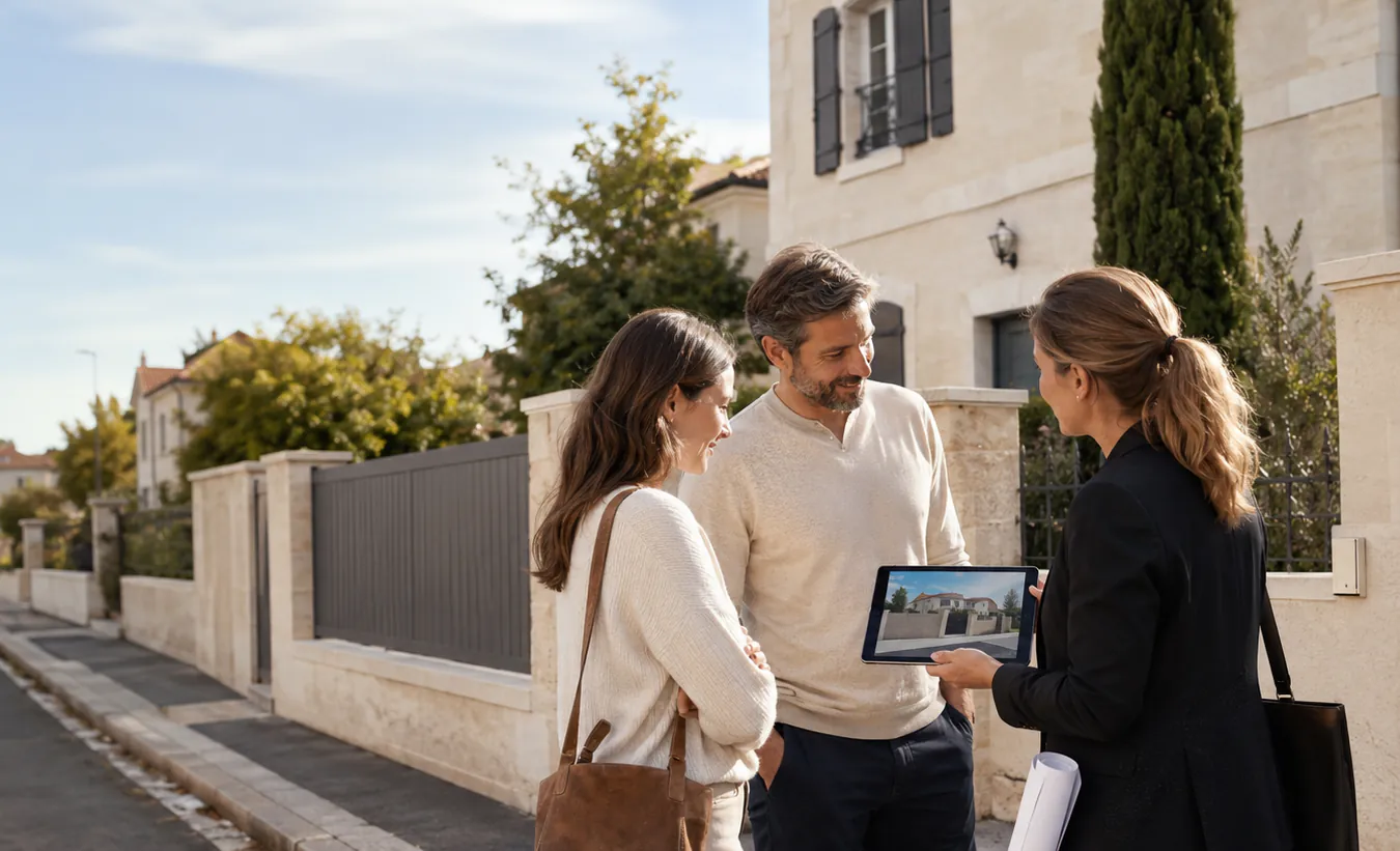 Un couple et une conseillère devant un mur de clôture et son portail, dans une rue résidentielle