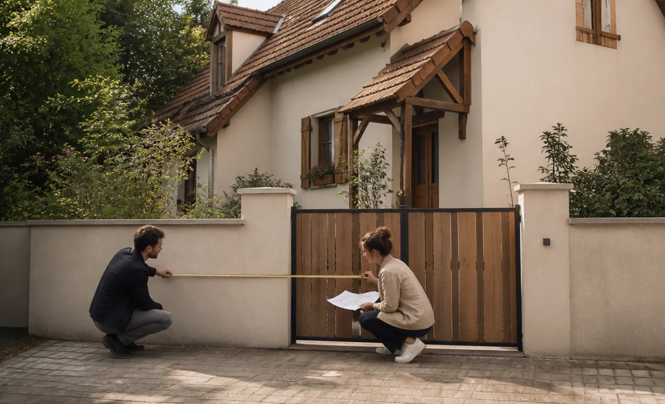 Un architecte et une propriétaire mesurent un projet de clôture devant une maison alsacienne ou lorraine aux détails en bois sobres