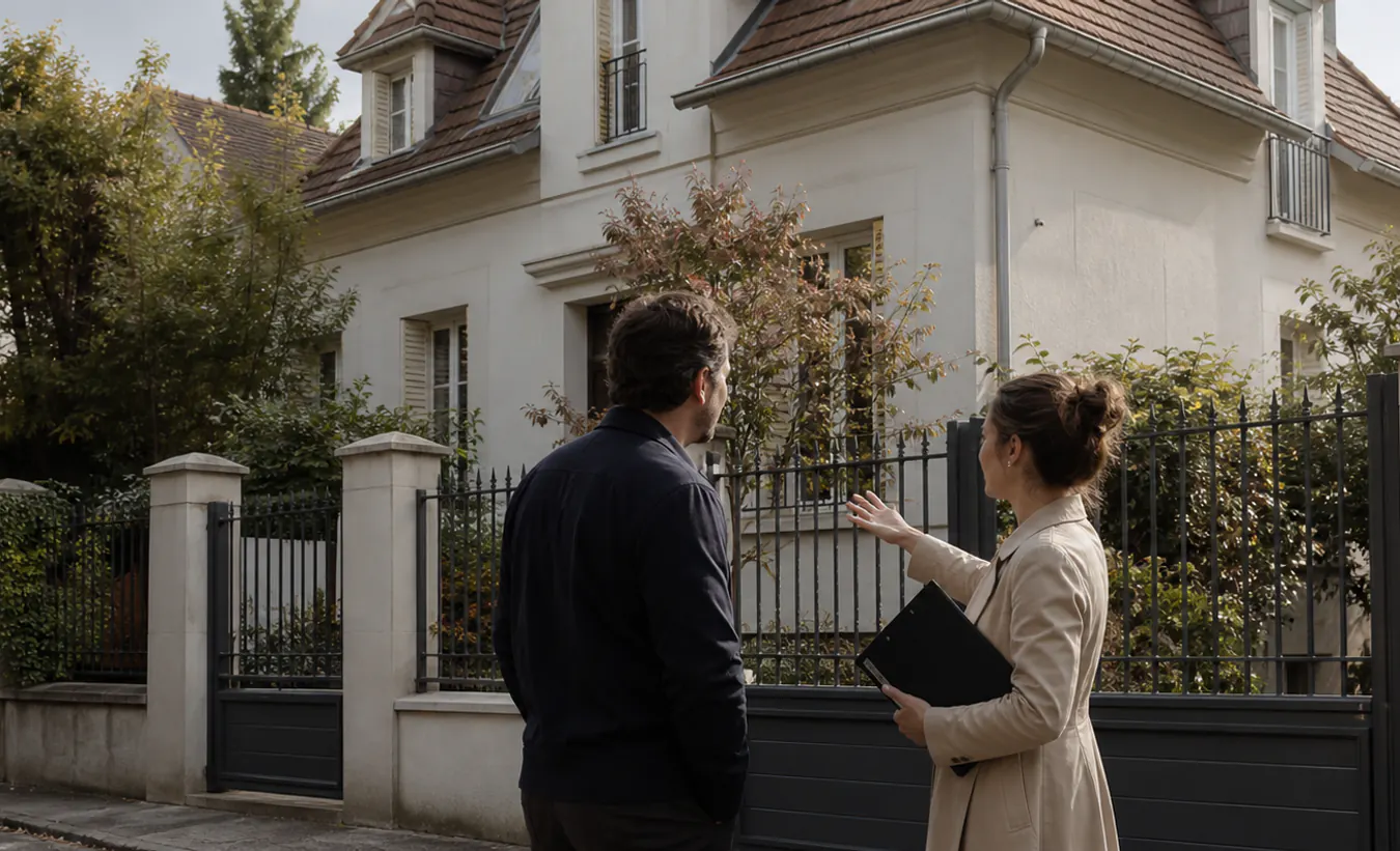 Une architecte présente une extension devant un pavillon et sa clôture ajourée
