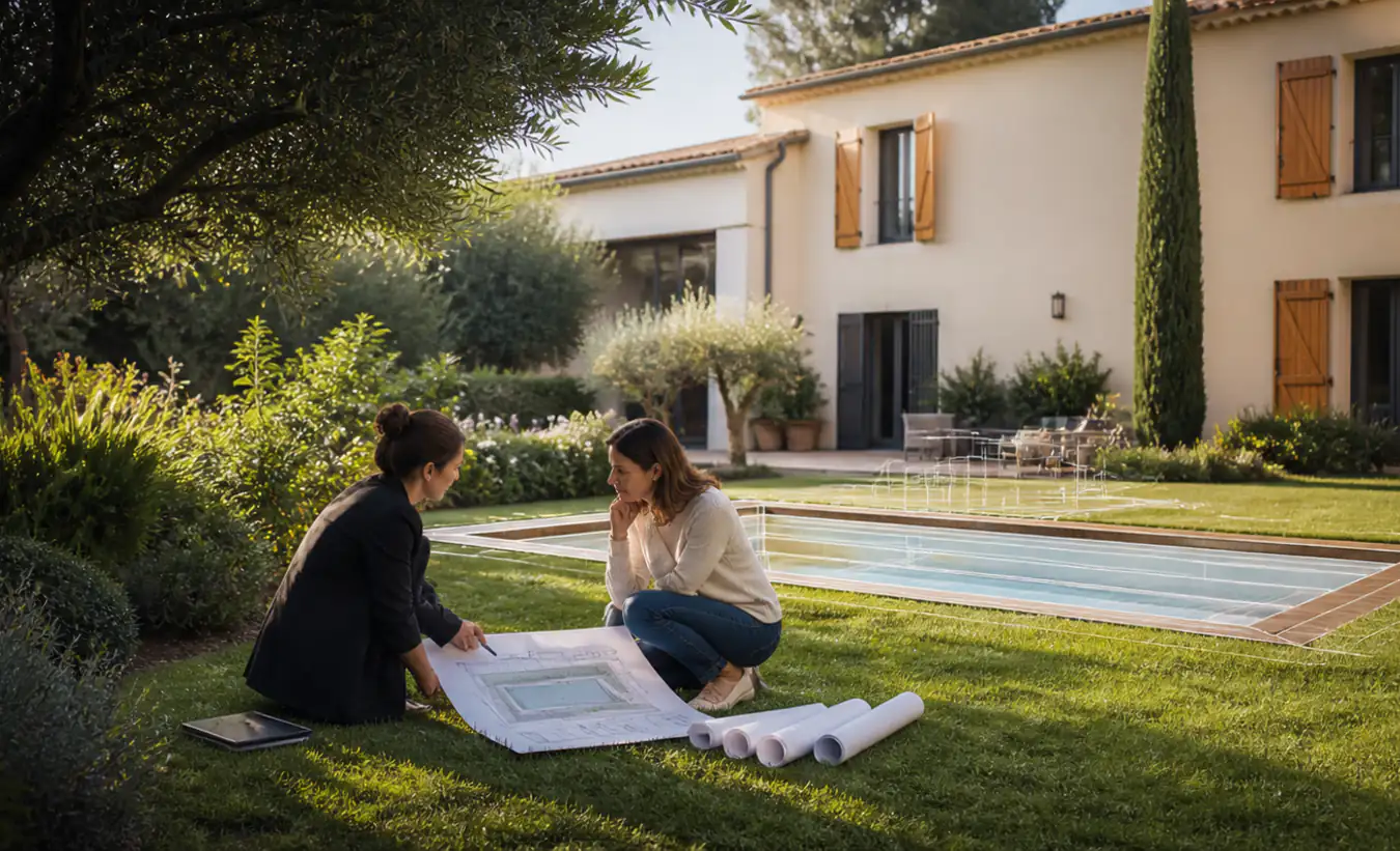 Une architecte et une propriétaire étudient une piscine dans le jardin d'une maison du sud-ouest aux tuiles de terre cuite
