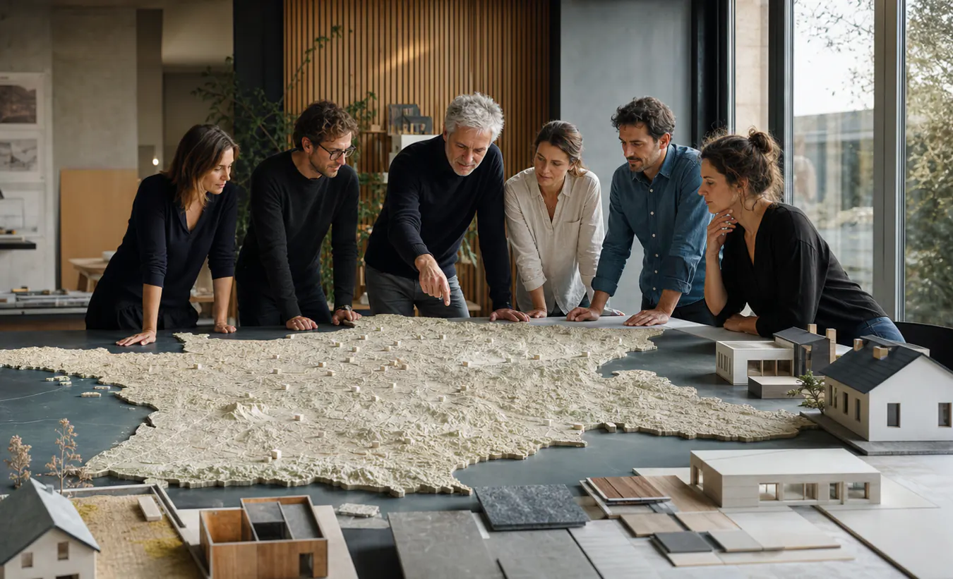 Une équipe d'architectes et d'urbanistes étudie une carte en relief de la France entourée de maquettes de maisons