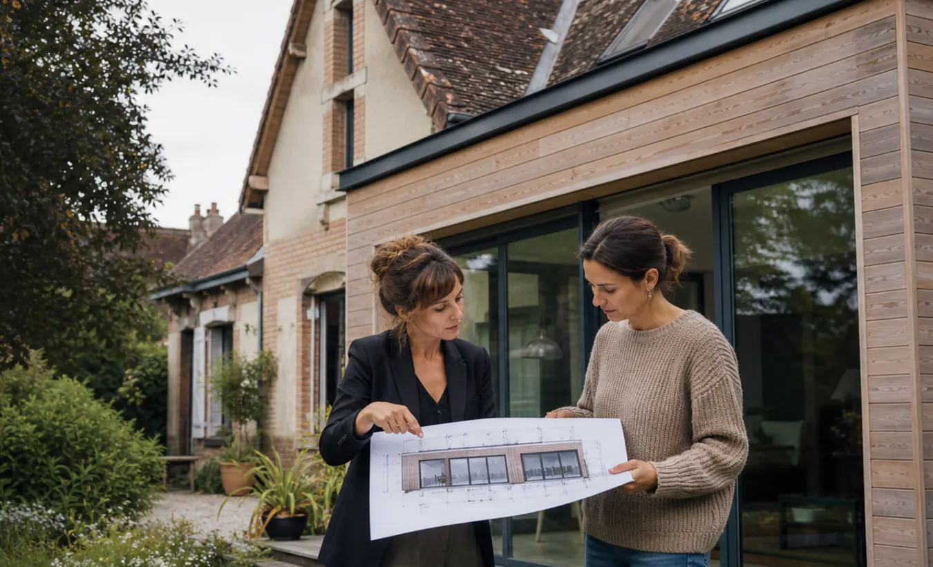 Une architecte et une propriétaire examinent une extension de maison du nord en brique et enduit clair