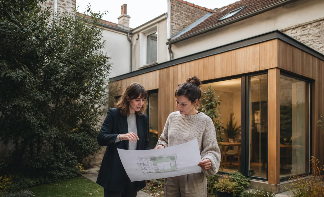 Une architecte et une propriétaire examinent une extension de maison d'Île-de-France avec un jardin compact