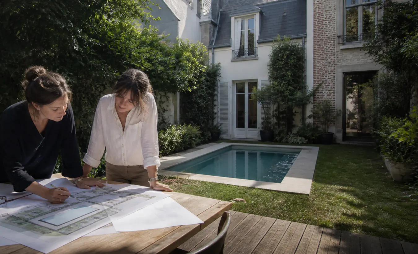 Une architecte et une propriétaire étudient une piscine dans le jardin d'une maison d'Île-de-France avec un jardin compact
