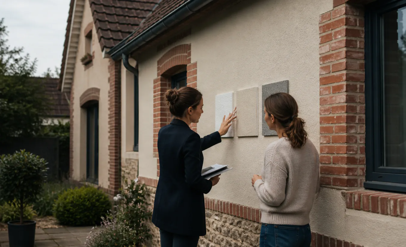Une architecte et une propriétaire comparent des matériaux de façade devant une maison du nord en brique et enduit clair