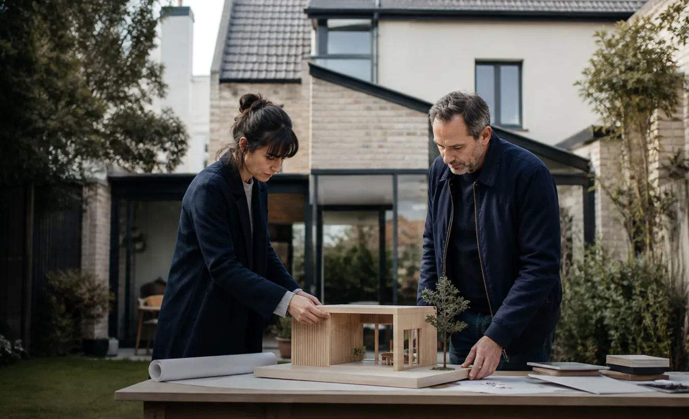 Une architecte et une propriétaire positionnent un abri de jardin près d'une maison d'Île-de-France avec un jardin compact