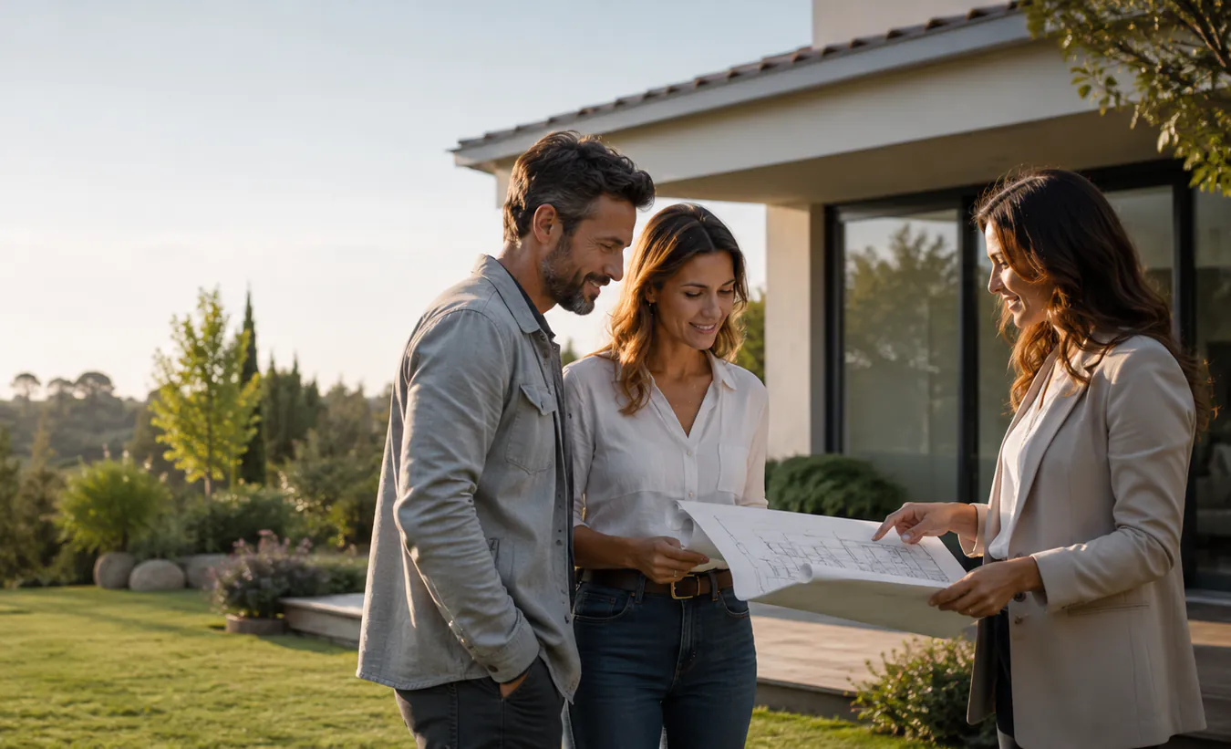 Un couple consulte les plans de sa déclaration préalable de travaux avec une architecte, devant leur maison
