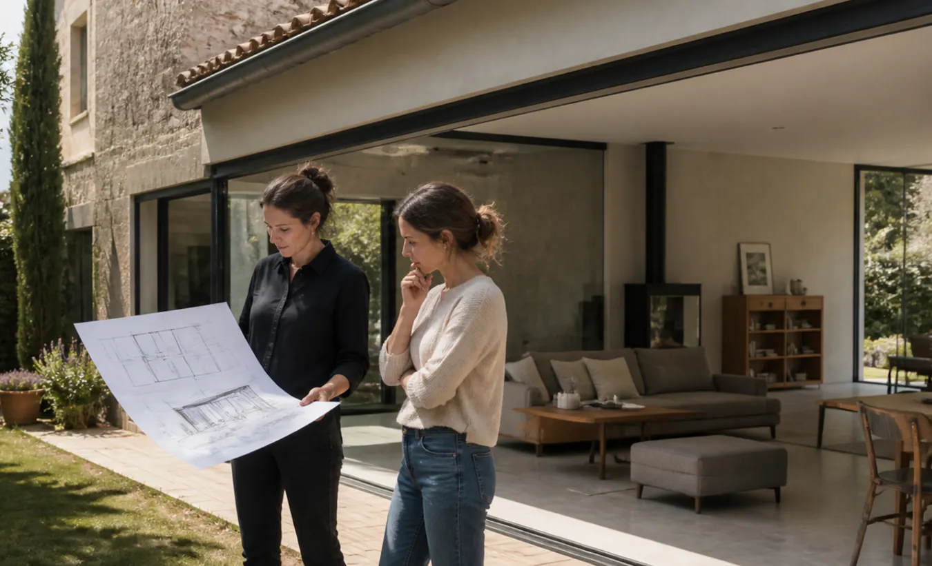 Une architecte et une propriétaire examinent la transformation d'un garage d'une maison française au jardin arboré