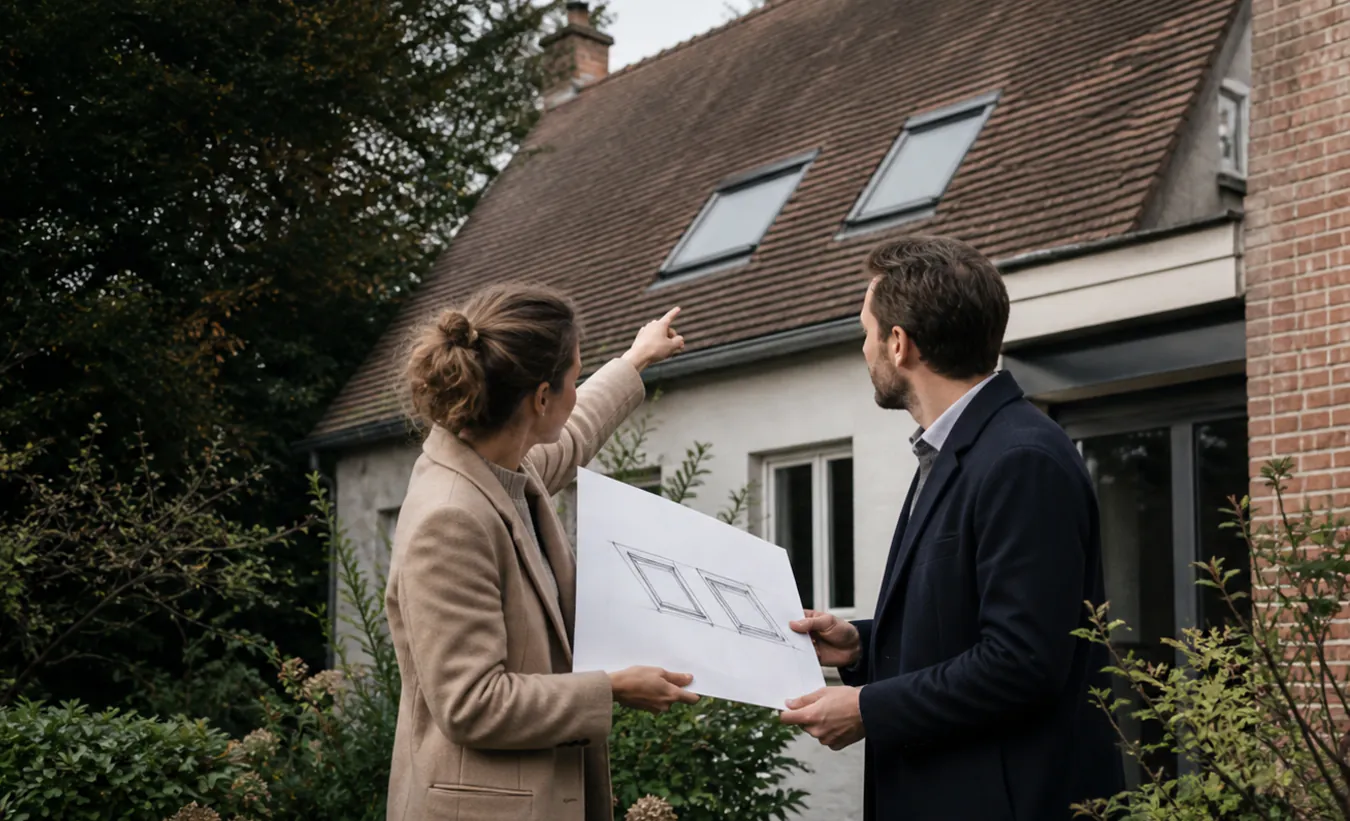 Un architecte et un propriétaire étudient deux fenêtres de toit sur une maison du nord de la France au toit pentu