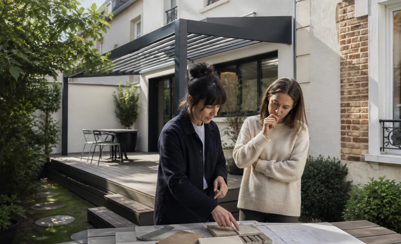 Une architecte et un propriétaire examinent une terrasse avec pergola devant une maison d'Île-de-France avec un jardin compact