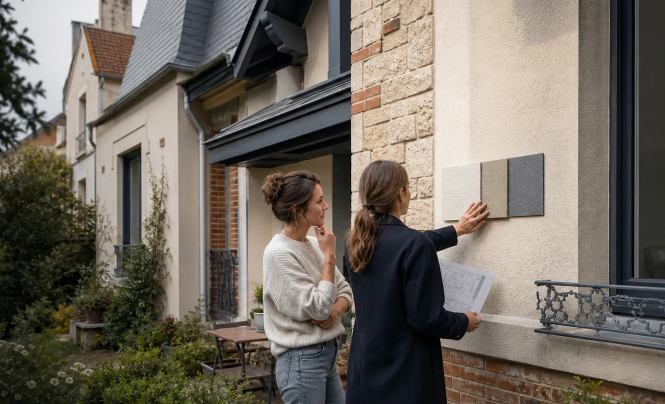 Une architecte et une propriétaire comparent des matériaux de façade devant une maison francilienne en brique et enduit clair