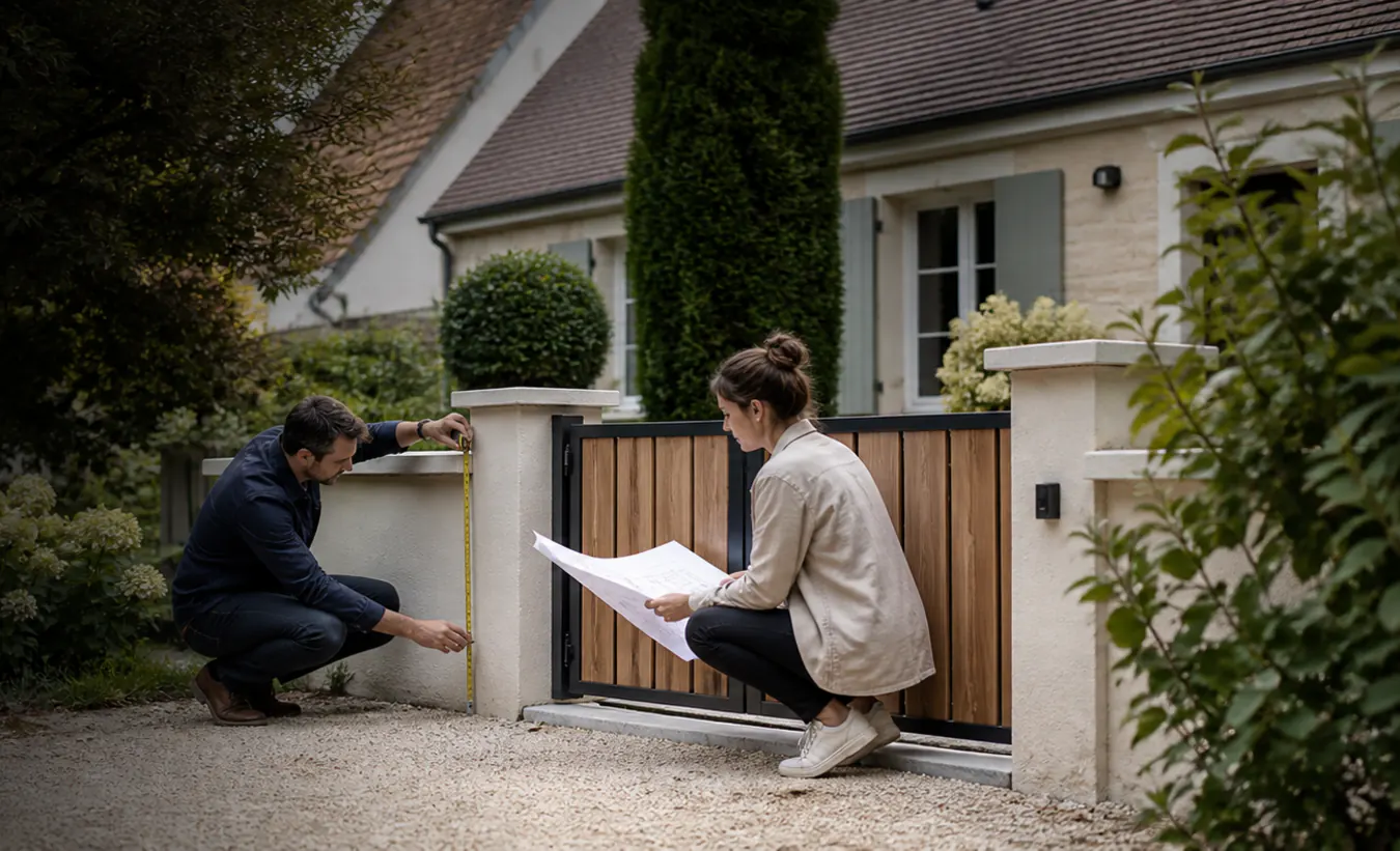 Un architecte et une propriétaire mesurent un projet de clôture devant une maison privée aux matériaux régionaux sobres