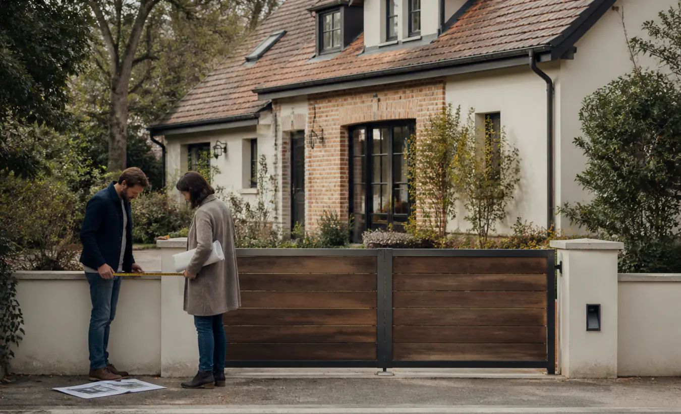 Un architecte et une propriétaire mesurent un projet de clôture devant une maison du nord de la France au toit pentu