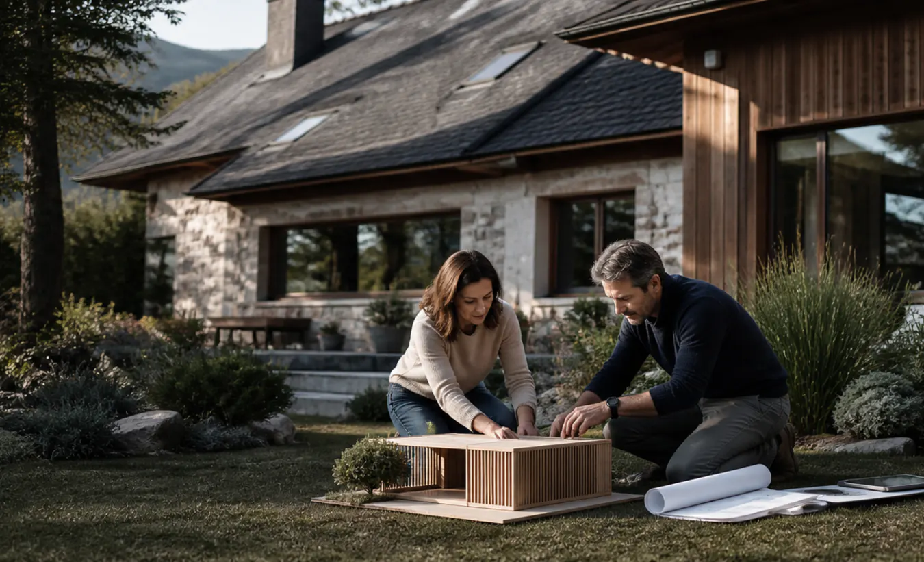 Une architecte et une propriétaire positionnent un abri de jardin près d'une maison des Alpes ou du Jura en pierre et bois