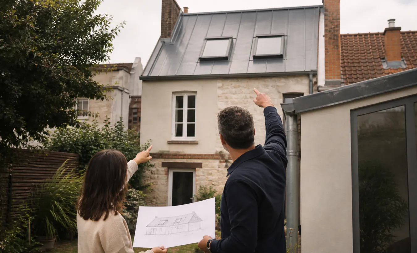 Un architecte et un propriétaire étudient deux fenêtres de toit sur une maison d'Île-de-France avec un jardin compact