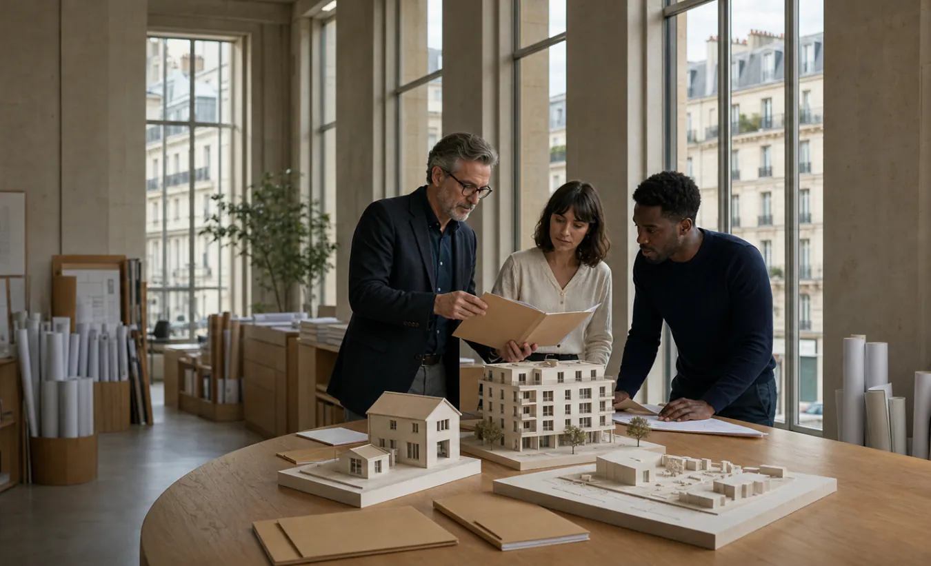 Une équipe documentaire classe des dossiers d'urbanisme autour de maquettes de maison, d'immeuble et de parcelle