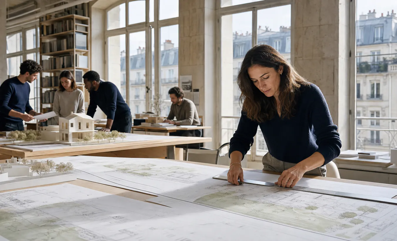 Une cheffe de projet contrôle un plan avec une équipe de dessinateurs et d'urbanistes dans une grande agence française
