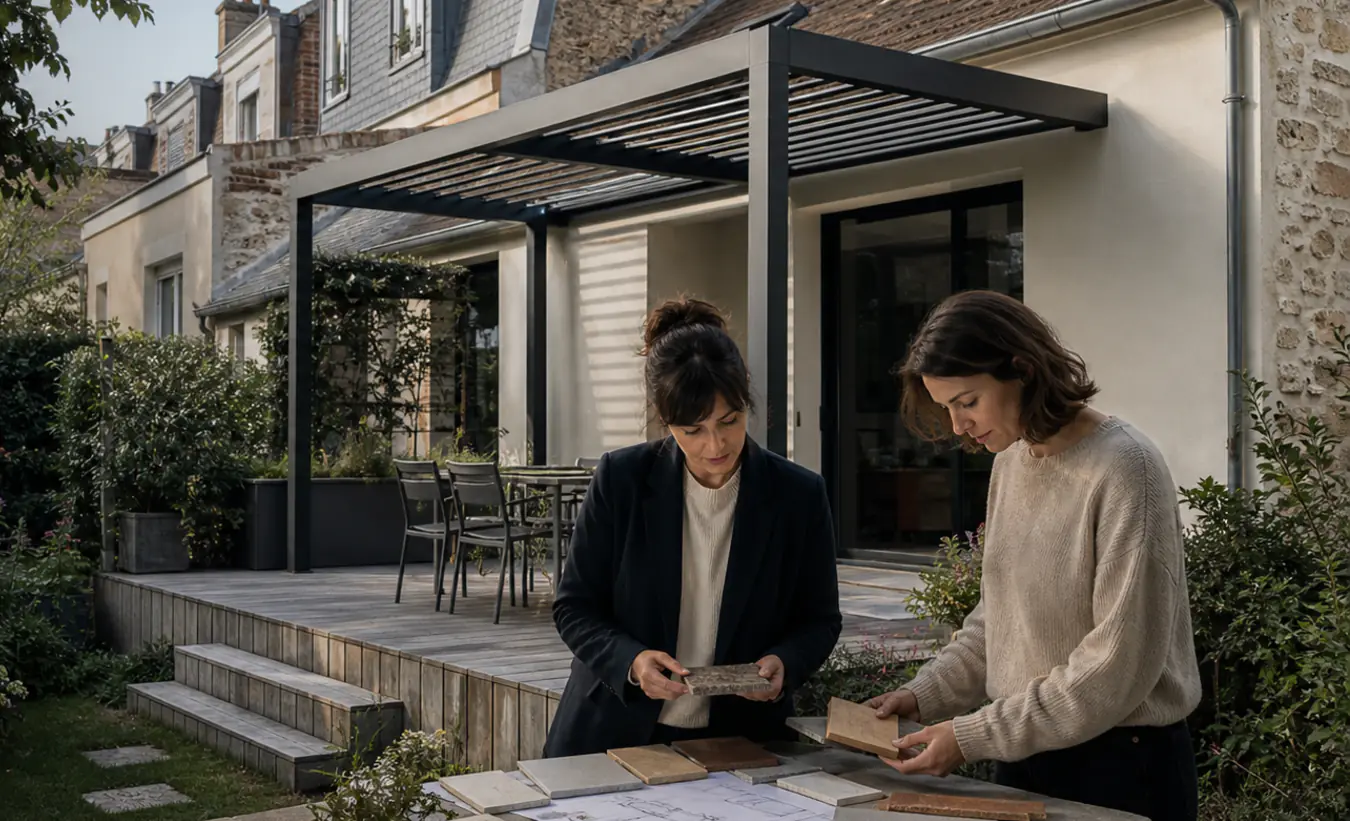 Une architecte et un propriétaire examinent une terrasse avec pergola devant une maison d'Île-de-France avec un jardin compact