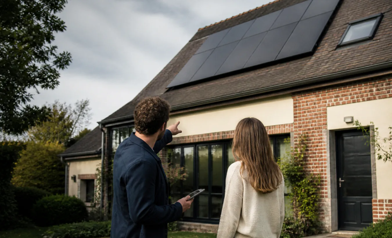 Un architecte et une propriétaire vérifient des panneaux solaires sur une maison du nord de la France au toit pentu