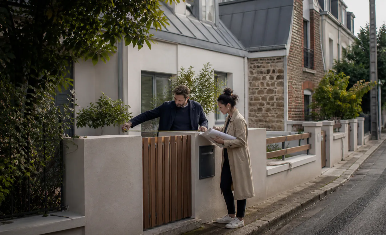 Un architecte et une propriétaire mesurent un projet de clôture devant une maison francilienne en brique et enduit clair