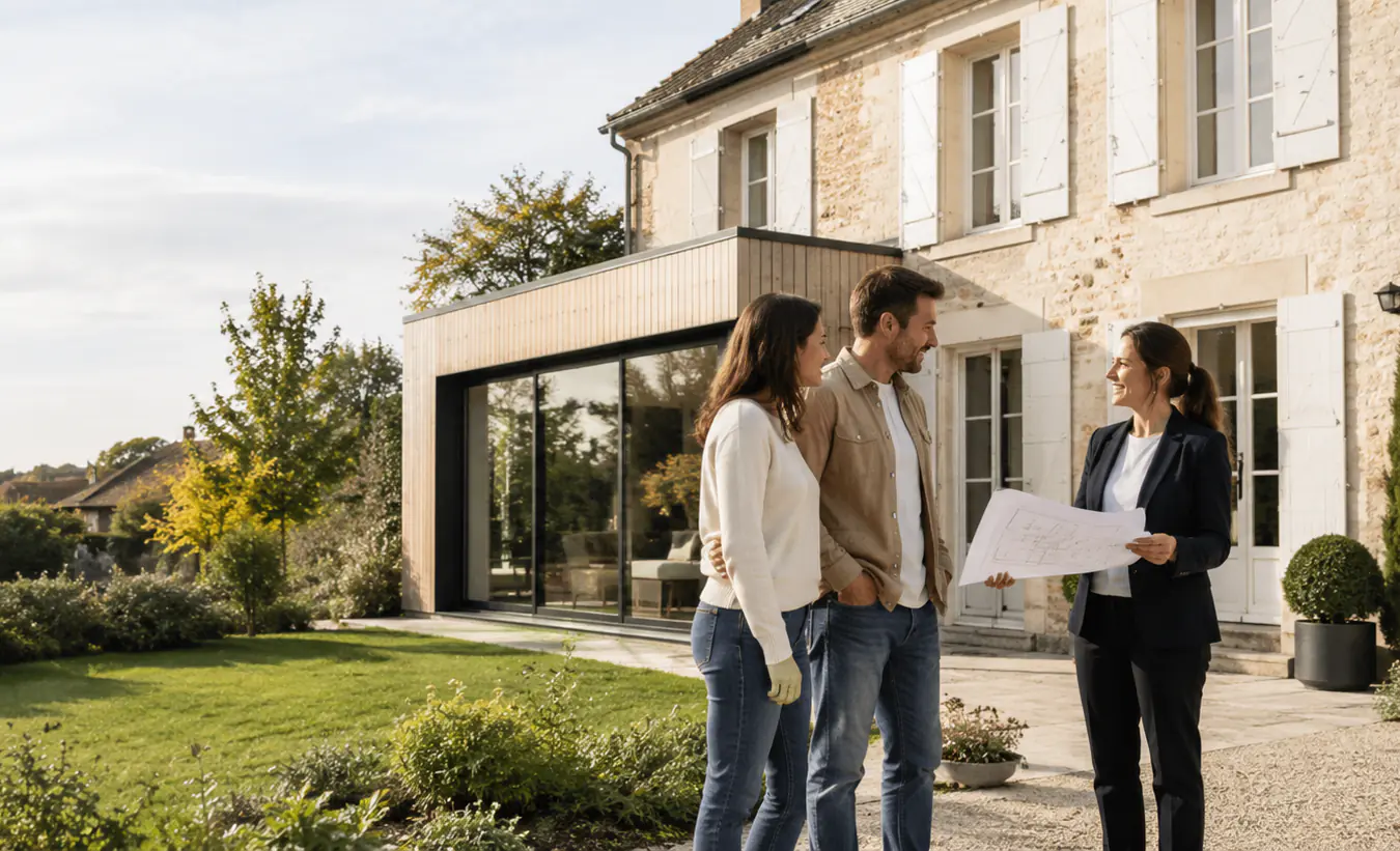 Une extension vitrée contemporaine accolée à une maison en pierre, présentée à un couple