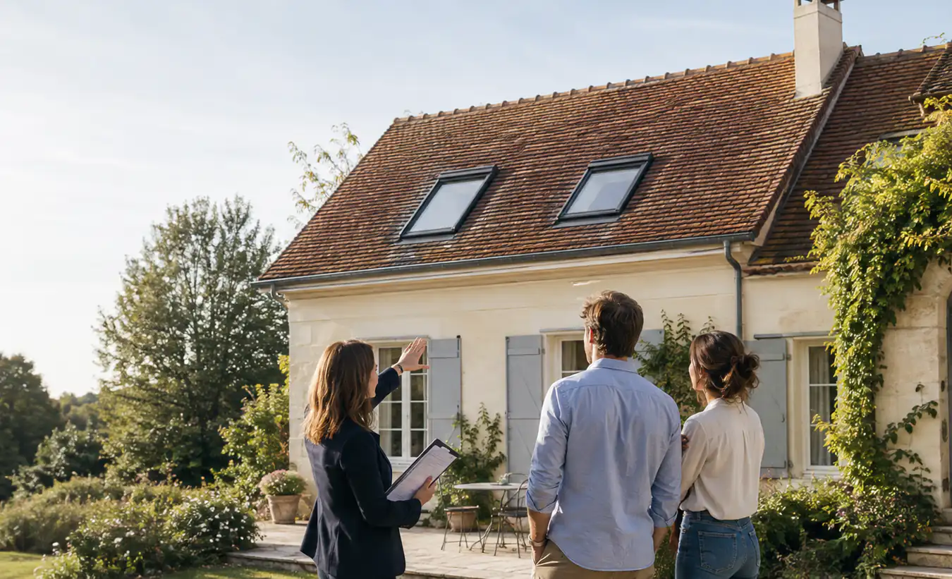 Une architecte montre à un couple deux fenêtres de toit posées en toiture, depuis le jardin