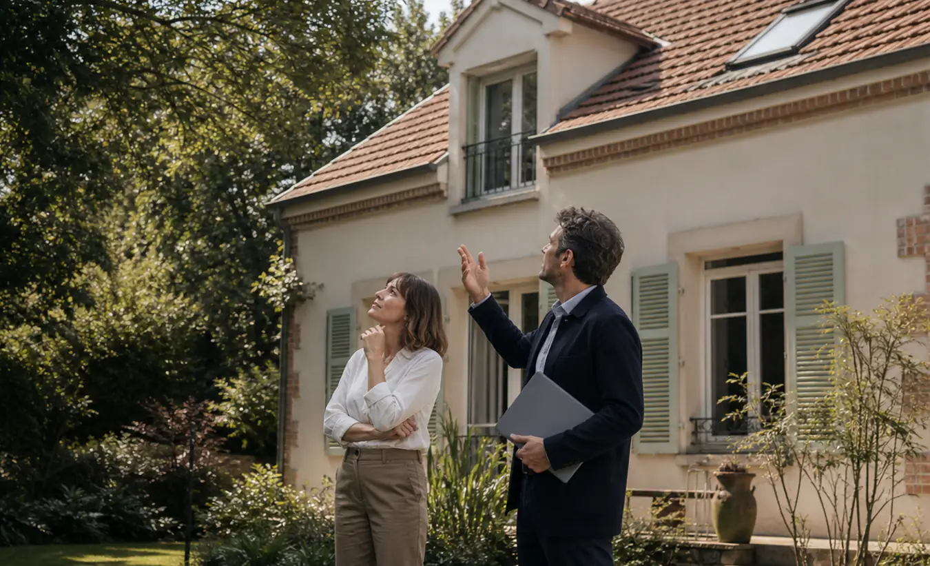 Une paysagiste mesure une annexe dans le jardin d'un pavillon à façade ocre
