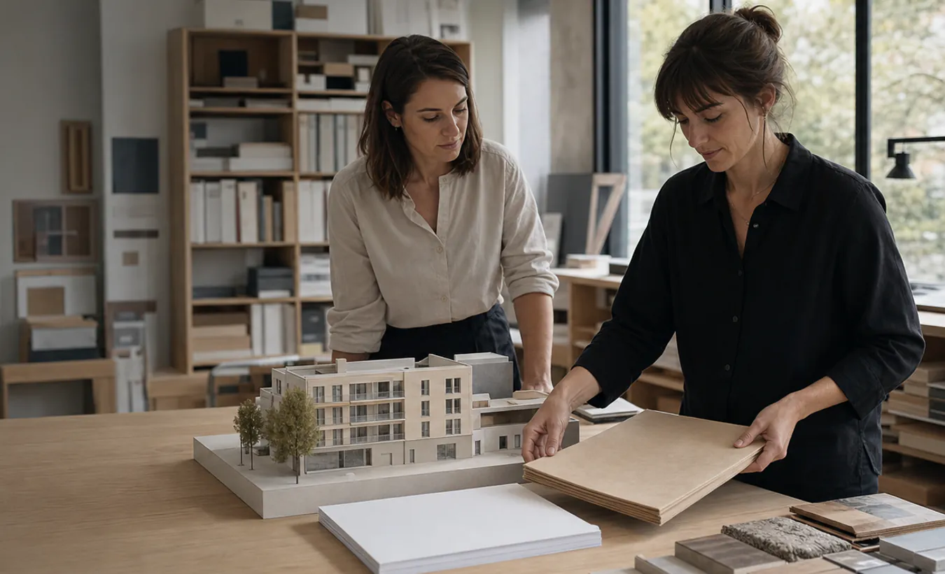 Une coordinatrice remplace un ancien dossier par un dossier unifié auprès de la maquette d'un petit immeuble