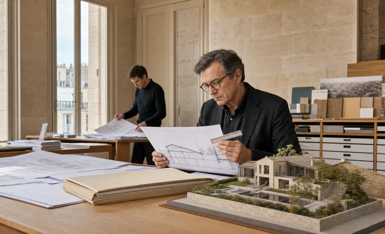 Un architecte vérifie un dossier de permis autour de la maquette d'une maison individuelle française