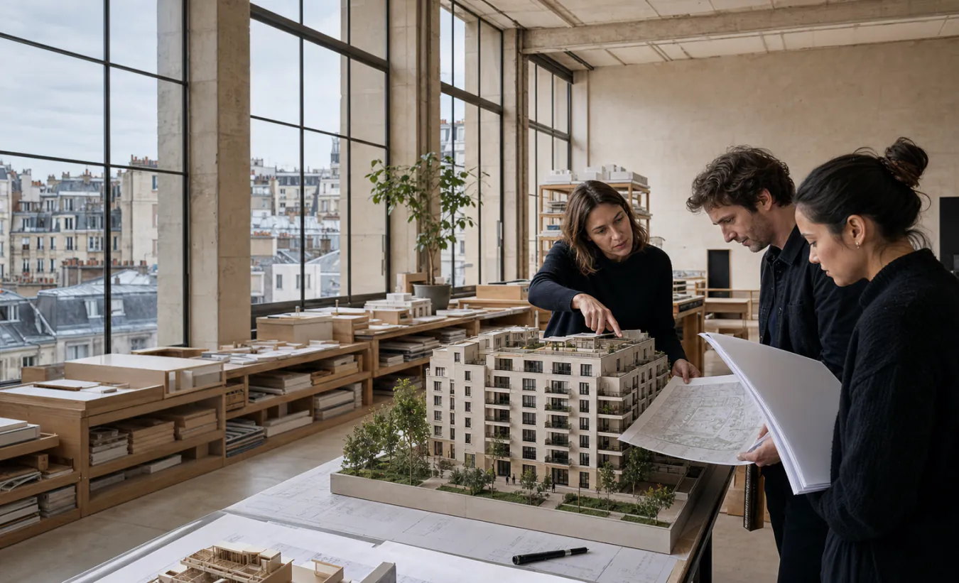 Une équipe d'architectes examine le dossier et la maquette d'un immeuble collectif français