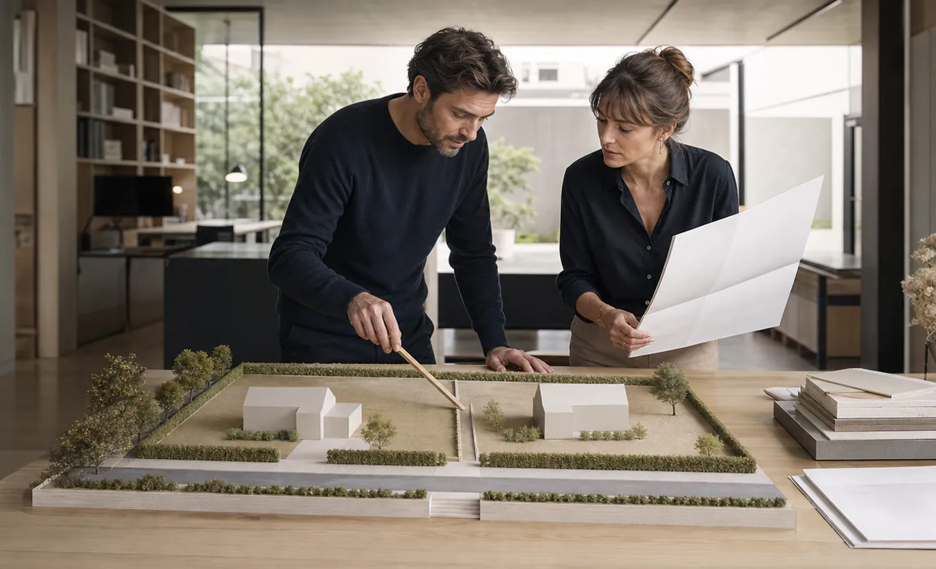 Un géomètre et une urbaniste étudient la division en deux lots d'une maquette parcellaire