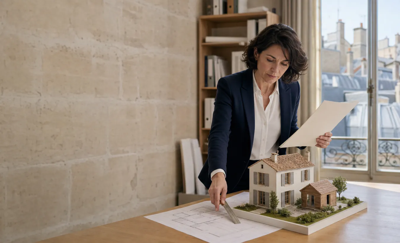 Une coordinatrice vérifie le dossier d'une maison individuelle et de sa petite annexe à partir d'une maquette