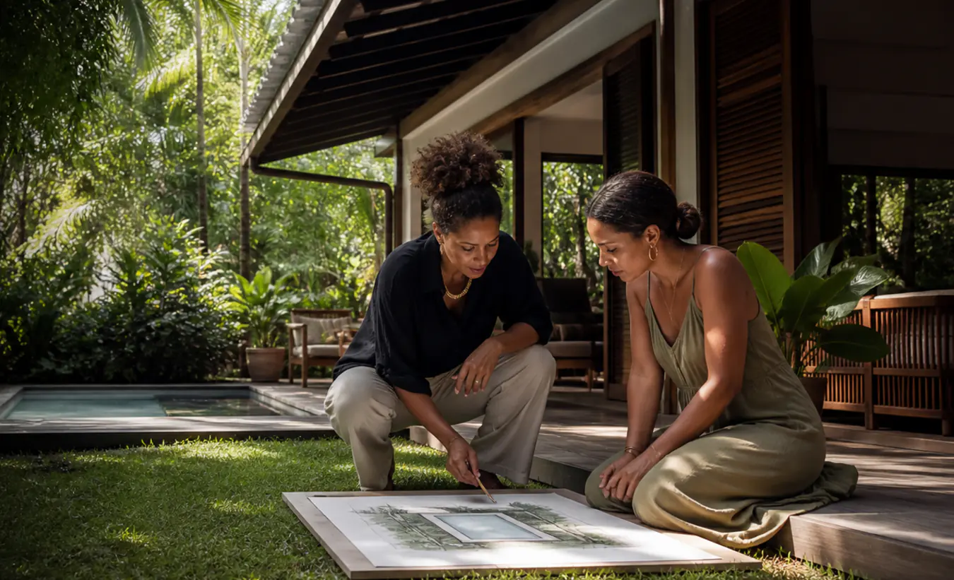 Une architecte et une propriétaire étudient une piscine dans le jardin d'une maison créole entourée d'un jardin tropical