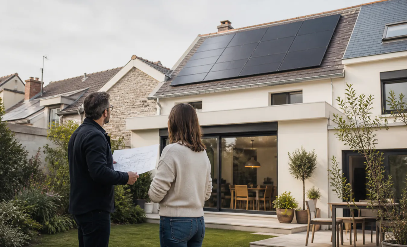 Un architecte et une propriétaire vérifient des panneaux solaires sur une maison d'Île-de-France avec un jardin compact