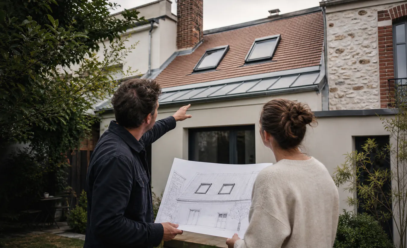 Un architecte et un propriétaire étudient deux fenêtres de toit sur une maison d'Île-de-France avec un jardin compact